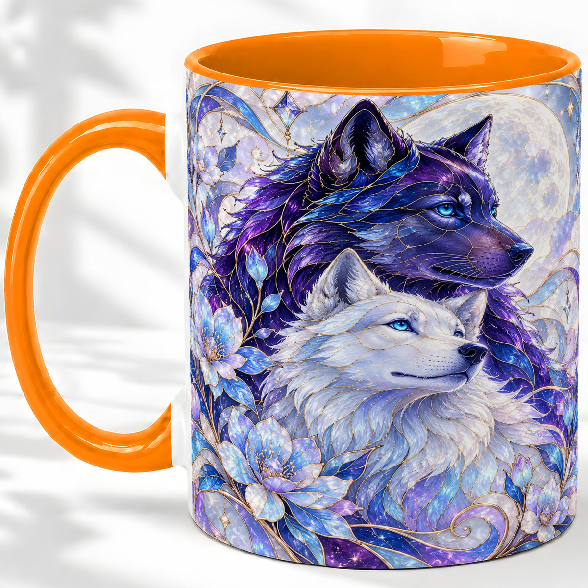 #pl[11oz|Orange] Wolf Moon Ceramic Mug, Celestial Floral Artwork