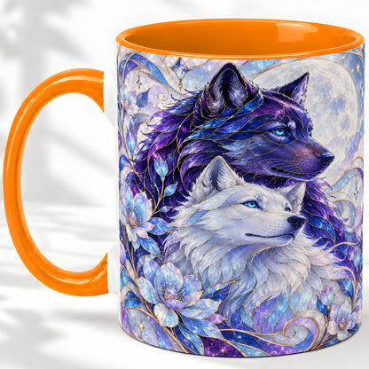 #pl[11oz|Orange] Wolf Moon Ceramic Mug, Celestial Floral Artwork
