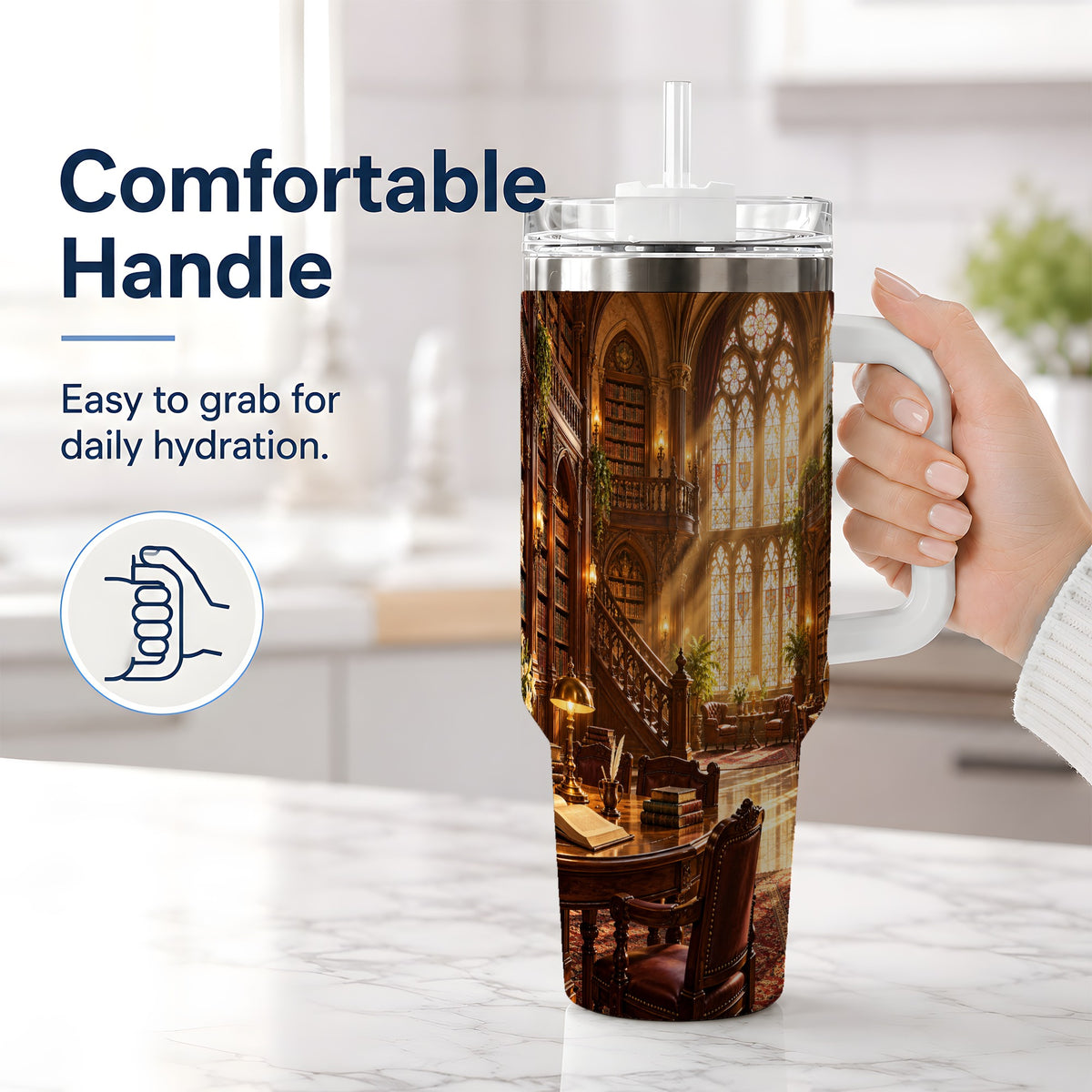 #pl[40oz|White] Gothic Library Tumbler, 40oz Tumbler with Vintage Book Interior Art