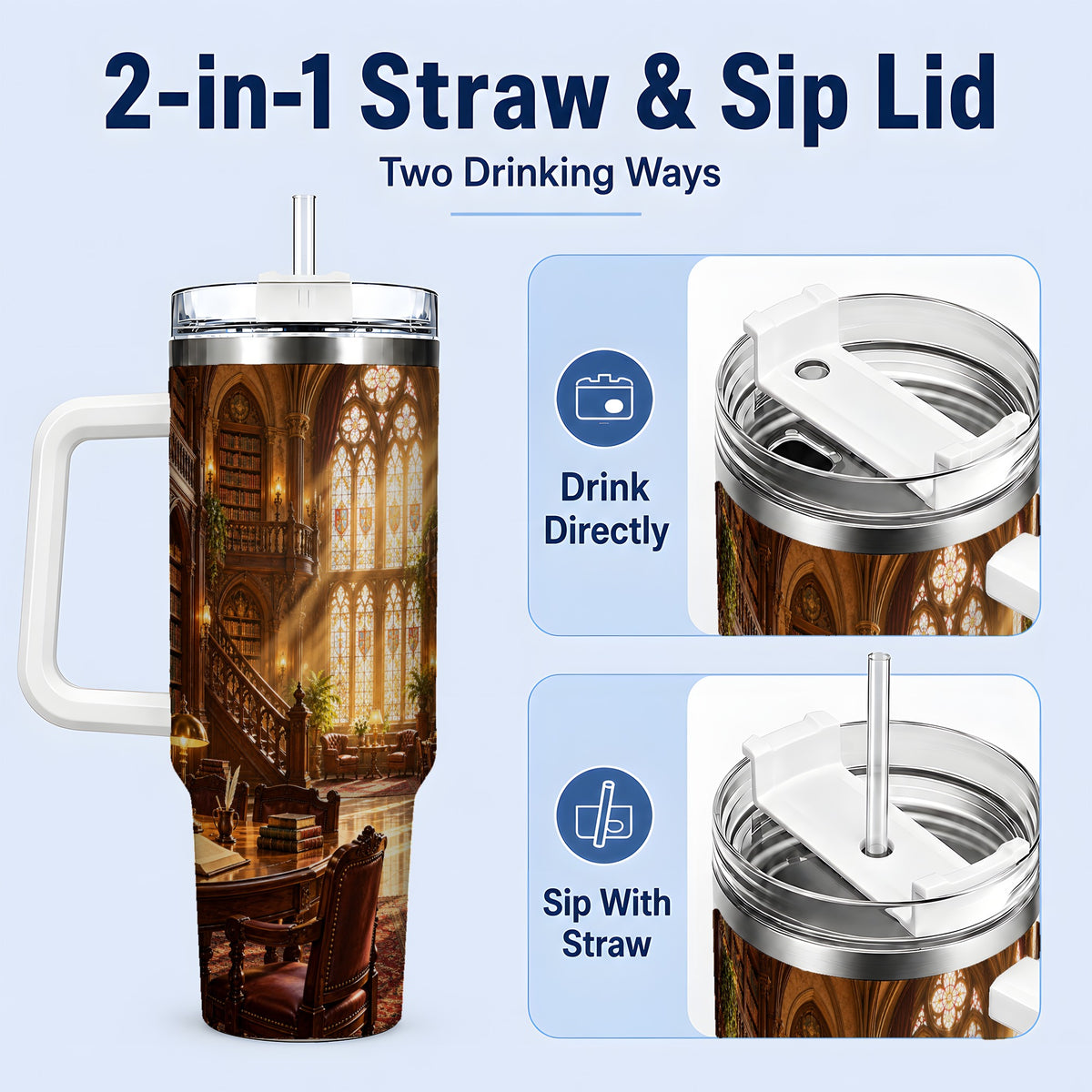 #pl[40oz|White] Gothic Library Tumbler, 40oz Tumbler with Vintage Book Interior Art