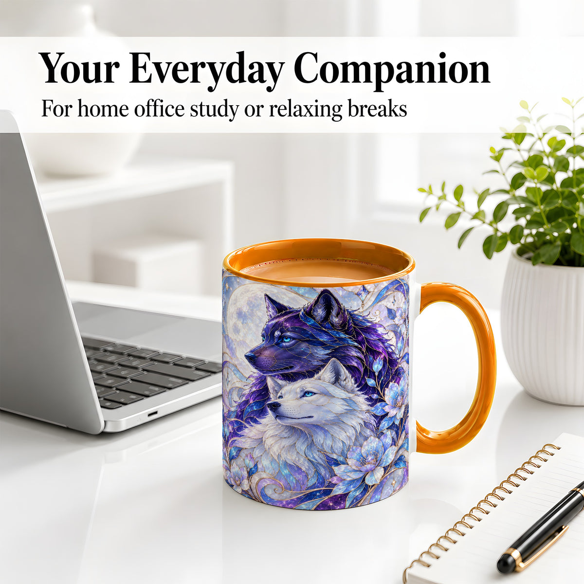 #pl[11oz|Orange] Wolf Moon Ceramic Mug, Celestial Floral Artwork