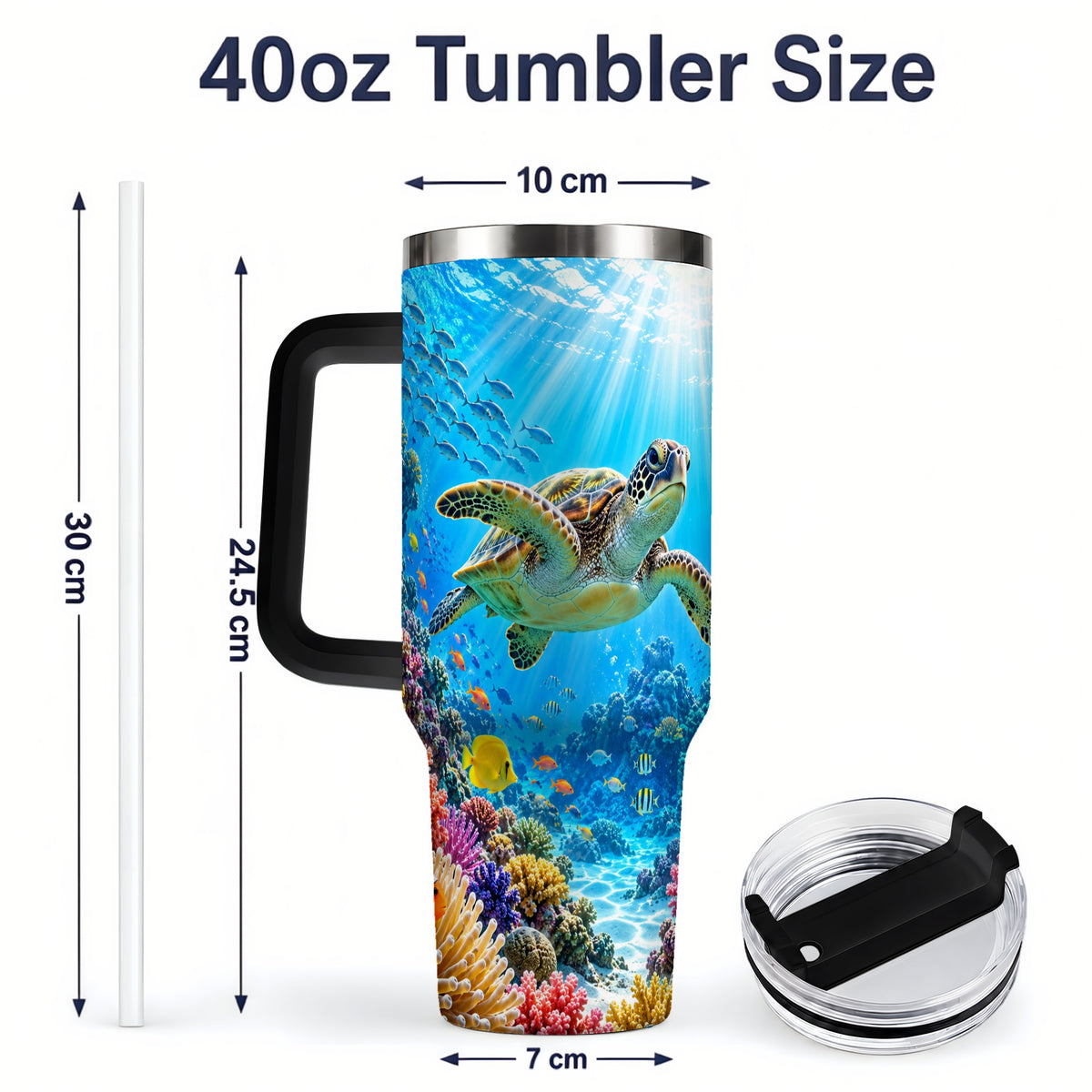#pl[40oz|Black] Sea Turtle Reef Tumbler, 40oz Tumbler with Colorful Coral Reef Art