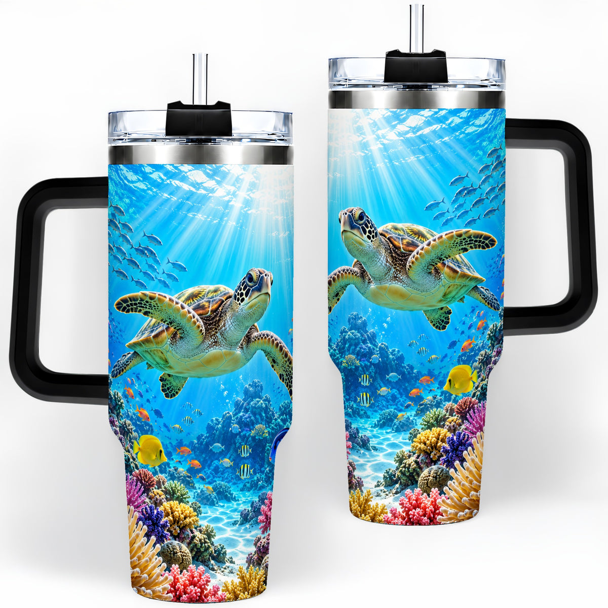 #pl[40oz|Black] Sea Turtle Reef Tumbler, 40oz Tumbler with Colorful Coral Reef Art