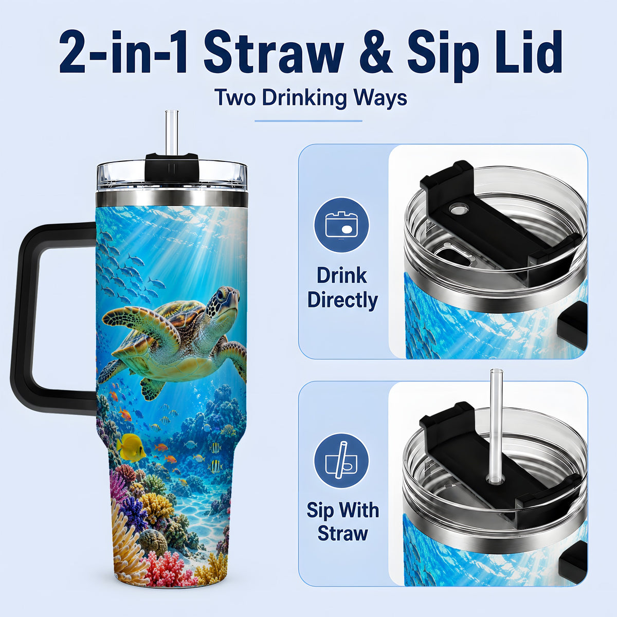 #pl[40oz|Black] Sea Turtle Reef Tumbler, 40oz Tumbler with Colorful Coral Reef Art