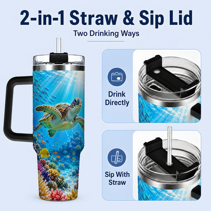#pl[40oz|Black] Sea Turtle Reef Tumbler, 40oz Tumbler with Colorful Coral Reef Art