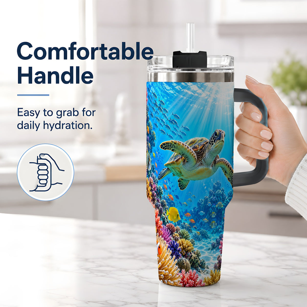 #pl[40oz|Black] Sea Turtle Reef Tumbler, 40oz Tumbler with Colorful Coral Reef Art