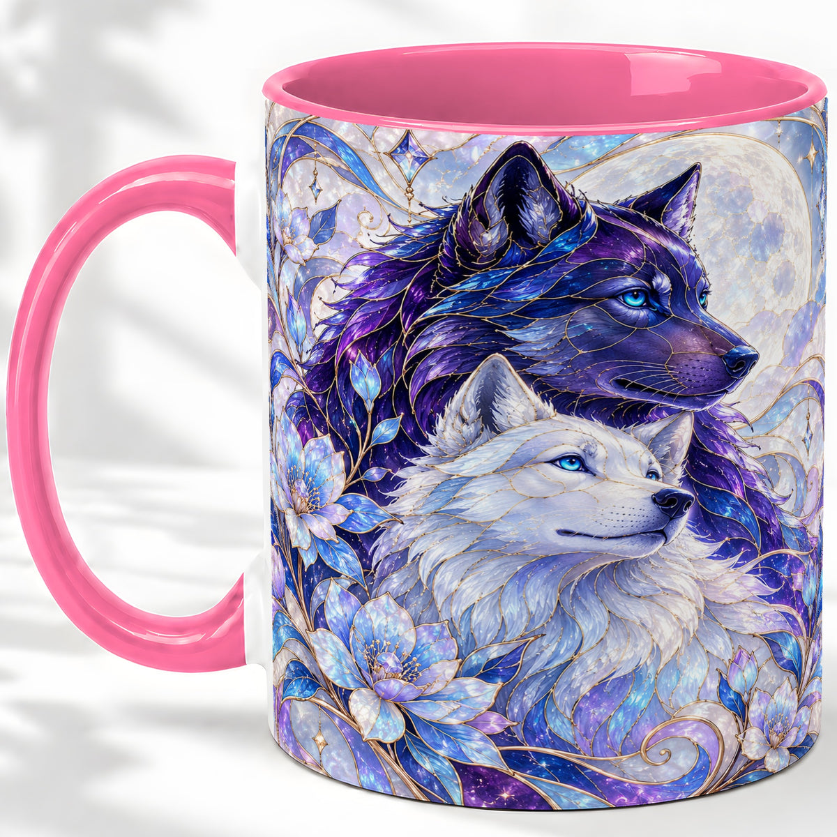 #pl[11oz|Pink] Wolf Moon Ceramic Mug, Celestial Floral Artwork
