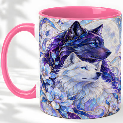 #pl[11oz|Pink] Wolf Moon Ceramic Mug, Celestial Floral Artwork
