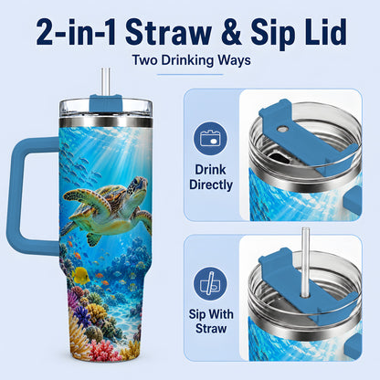 #pl[40oz|Blue] Sea Turtle Reef Tumbler, 40oz Tumbler with Colorful Coral Reef Art