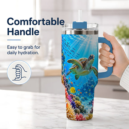 #pl[40oz|Blue] Sea Turtle Reef Tumbler, 40oz Tumbler with Colorful Coral Reef Art