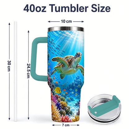 #pl[40oz|Green] Sea Turtle Reef Tumbler, 40oz Tumbler with Colorful Coral Reef Art