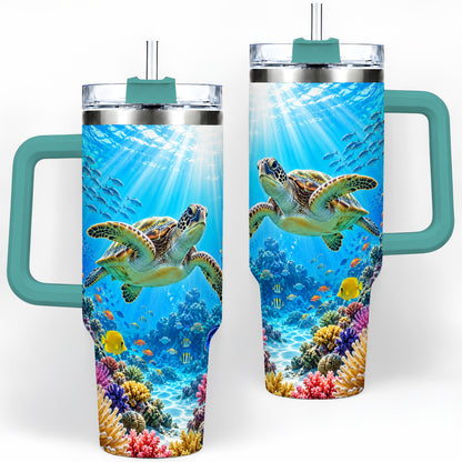 #pl[40oz|Green] Sea Turtle Reef Tumbler, 40oz Tumbler with Colorful Coral Reef Art