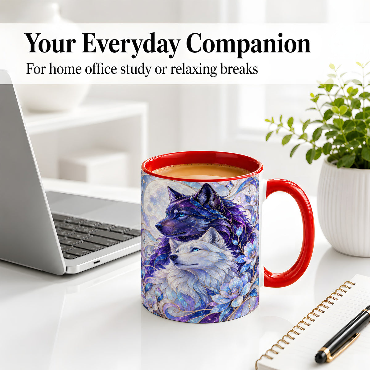 #pl[11oz|Red] Wolf Moon Ceramic Mug, Celestial Floral Artwork