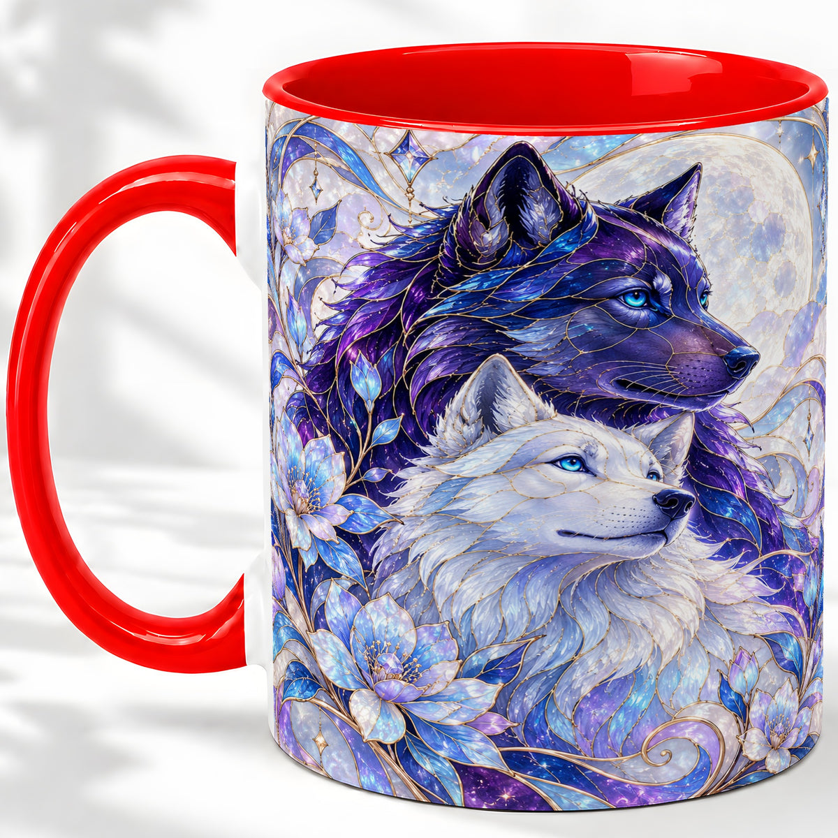 Wolf Moon Ceramic Mug, Celestial Floral Artwork