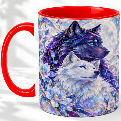 Wolf Moon Ceramic Mug, Celestial Floral Artwork
