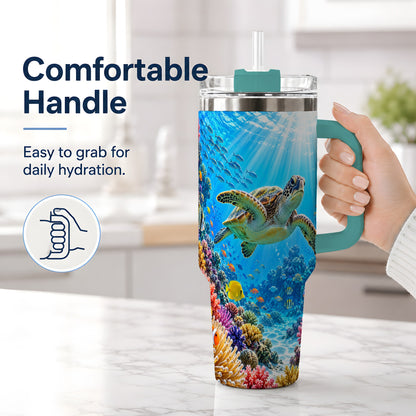 #pl[40oz|Green] Sea Turtle Reef Tumbler, 40oz Tumbler with Colorful Coral Reef Art