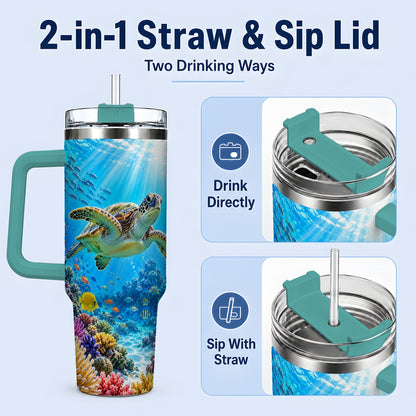 #pl[40oz|Green] Sea Turtle Reef Tumbler, 40oz Tumbler with Colorful Coral Reef Art