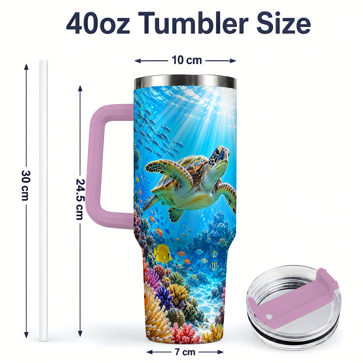 #pl[40oz|Pink] Sea Turtle Reef Tumbler, 40oz Tumbler with Colorful Coral Reef Art