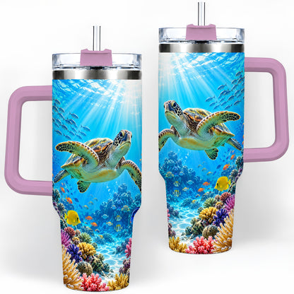 #pl[40oz|Pink] Sea Turtle Reef Tumbler, 40oz Tumbler with Colorful Coral Reef Art