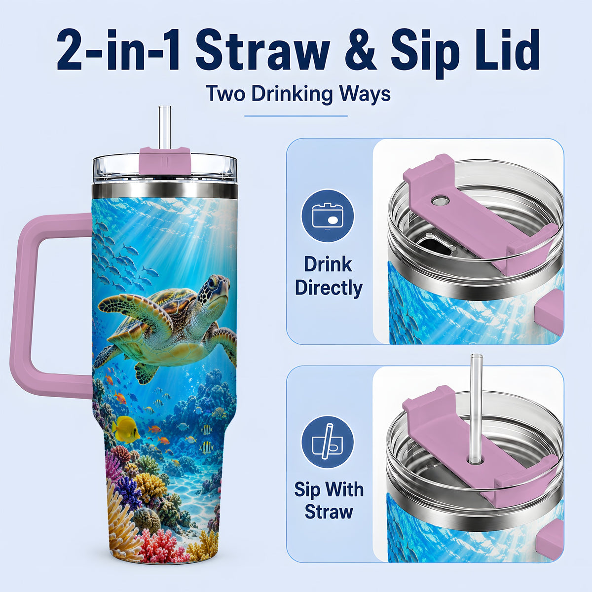 #pl[40oz|Pink] Sea Turtle Reef Tumbler, 40oz Tumbler with Colorful Coral Reef Art