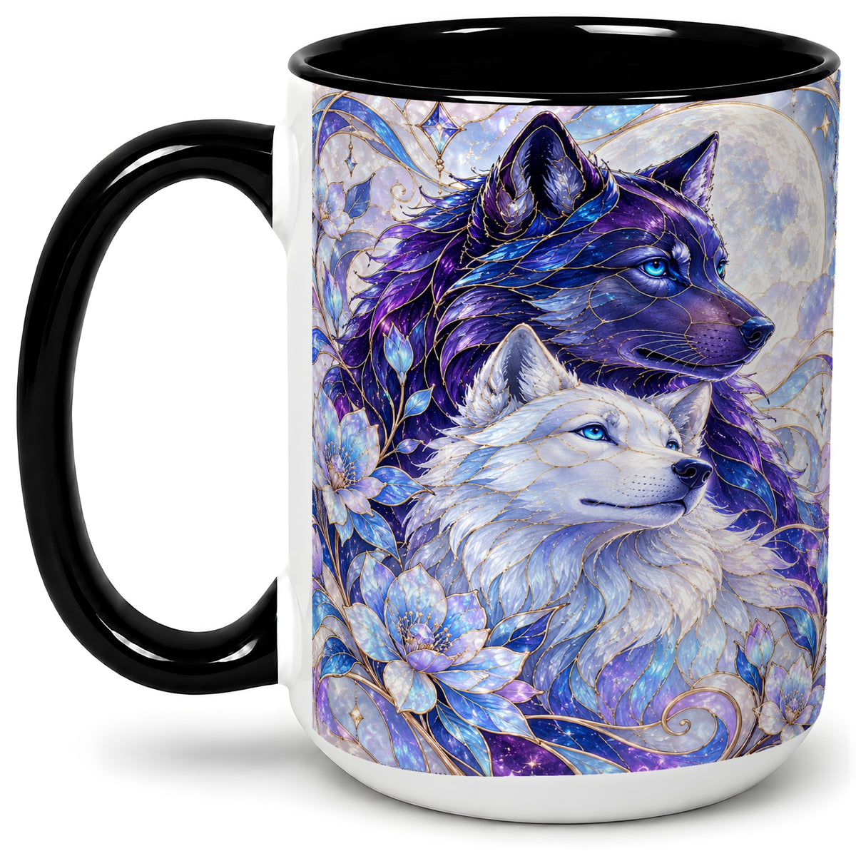 #pl[15oz|Black] Wolf Moon Ceramic Mug, Celestial Floral Artwork