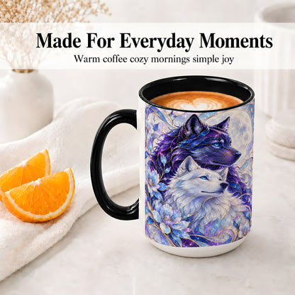 #pl[15oz|Black] Wolf Moon Ceramic Mug, Celestial Floral Artwork