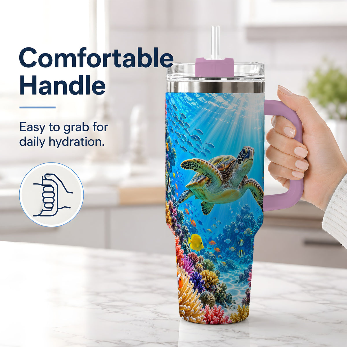 #pl[40oz|Pink] Sea Turtle Reef Tumbler, 40oz Tumbler with Colorful Coral Reef Art