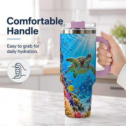 #pl[40oz|Pink] Sea Turtle Reef Tumbler, 40oz Tumbler with Colorful Coral Reef Art