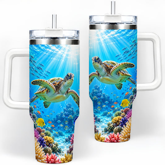 Sea Turtle Reef Tumbler, 40oz Tumbler with Colorful Coral Reef Art
