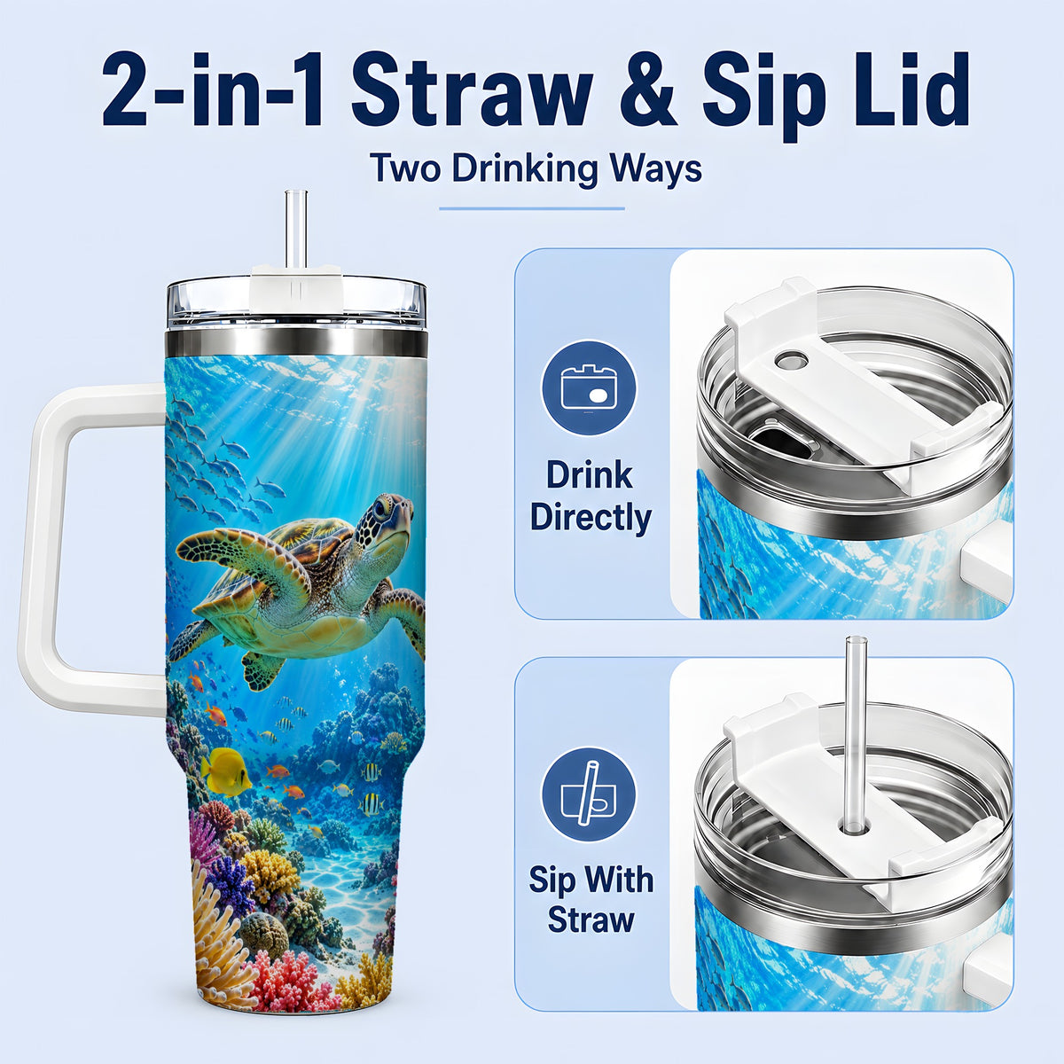 #pl[40oz|White] Sea Turtle Reef Tumbler, 40oz Tumbler with Colorful Coral Reef Art
