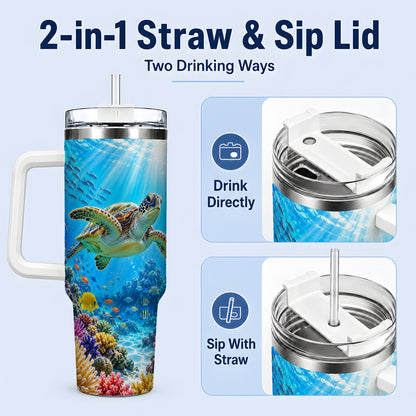 #pl[40oz|White] Sea Turtle Reef Tumbler, 40oz Tumbler with Colorful Coral Reef Art