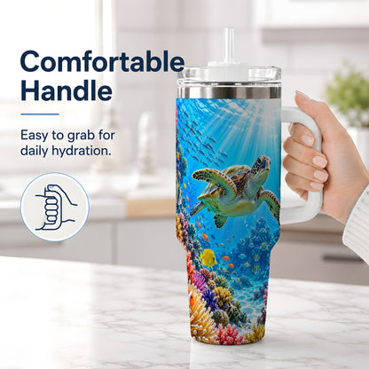 #pl[40oz|White] Sea Turtle Reef Tumbler, 40oz Tumbler with Colorful Coral Reef Art