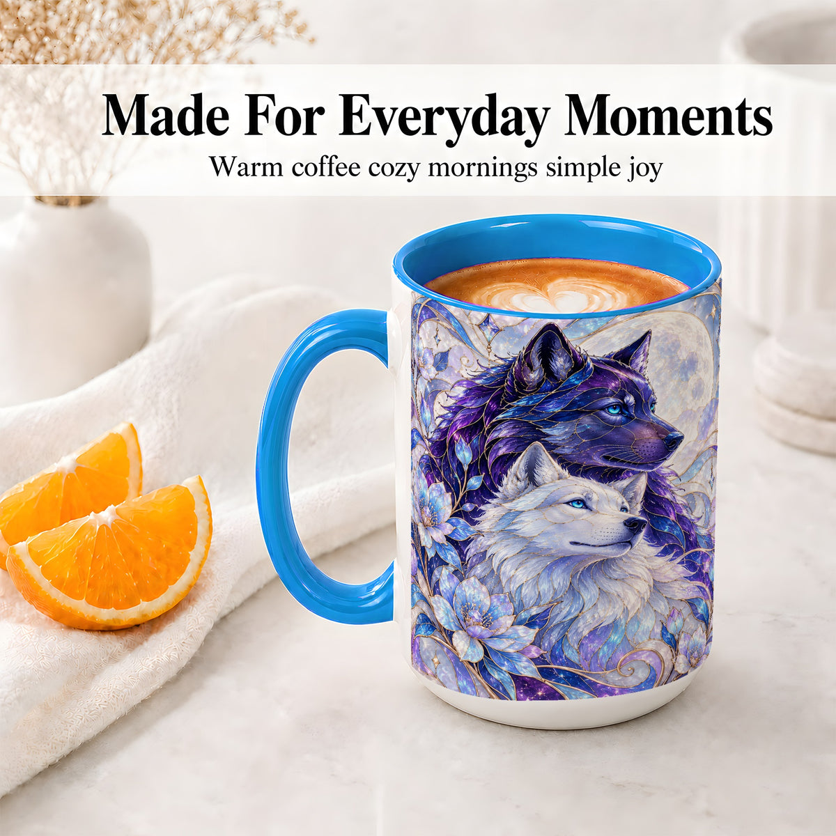 #pl[15oz|Blue] Wolf Moon Ceramic Mug, Celestial Floral Artwork