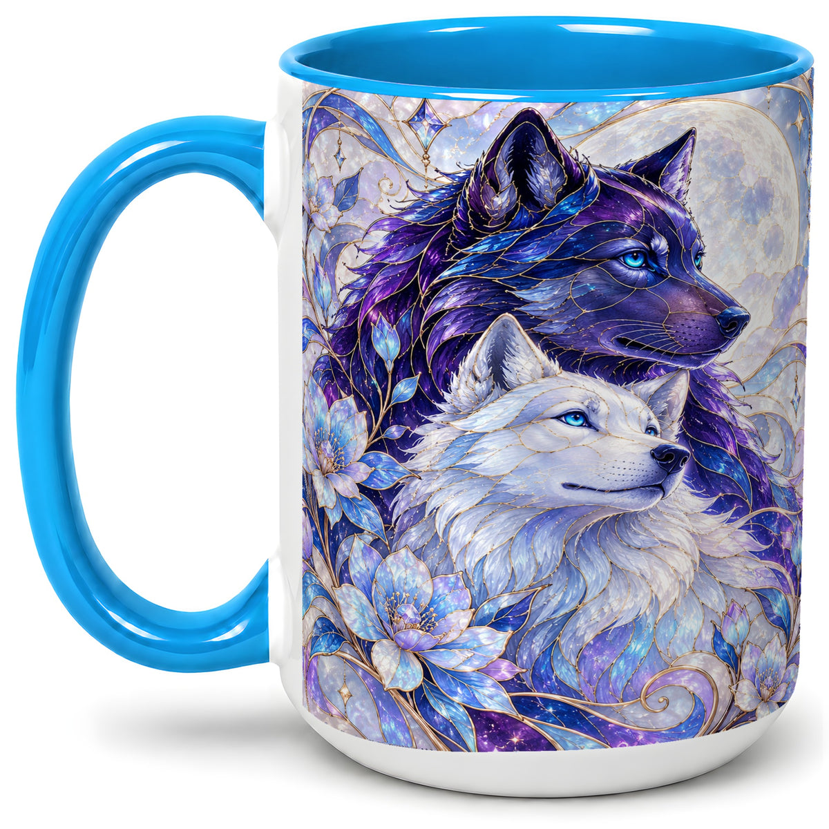 #pl[15oz|Blue] Wolf Moon Ceramic Mug, Celestial Floral Artwork