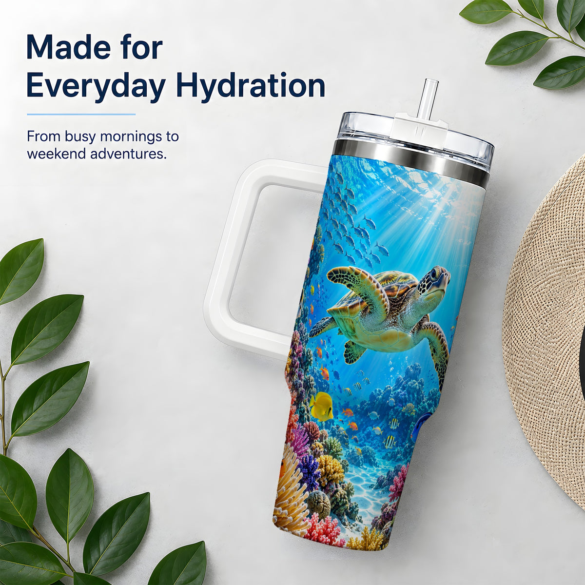 Sea Turtle Reef Tumbler, 40oz Tumbler with Colorful Coral Reef Art
