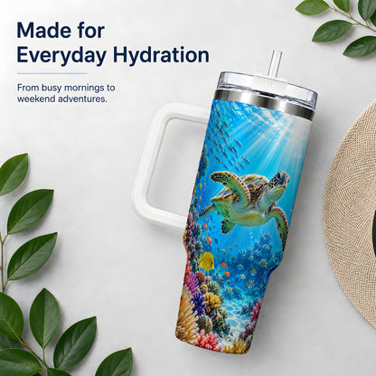 Sea Turtle Reef Tumbler, 40oz Tumbler with Colorful Coral Reef Art