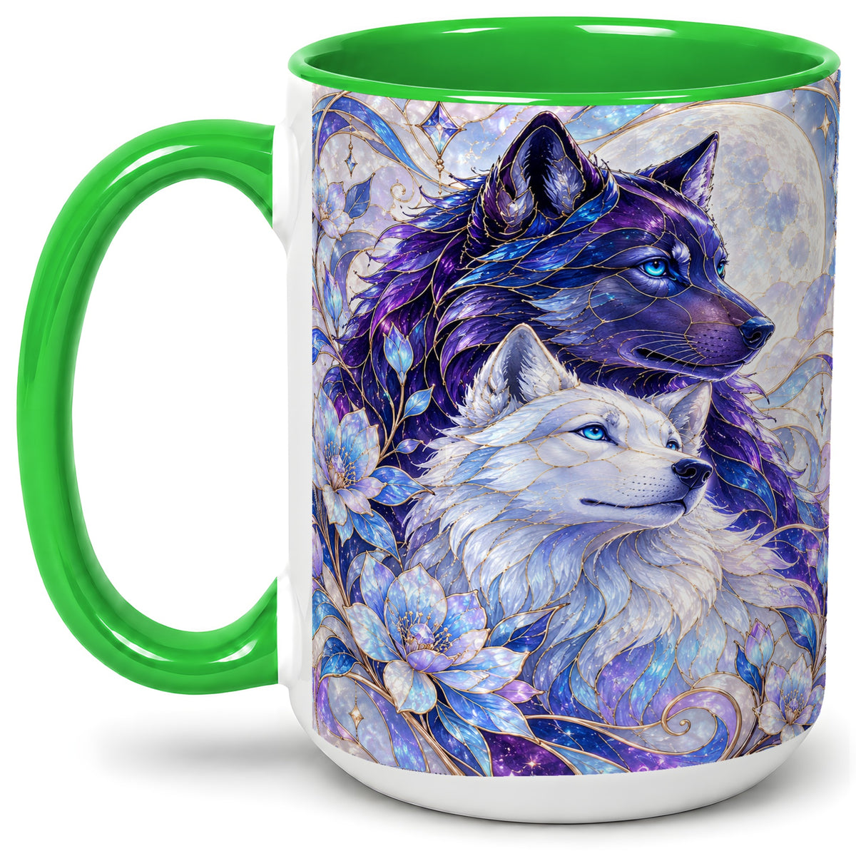 #pl[15oz|Green] Wolf Moon Ceramic Mug, Celestial Floral Artwork