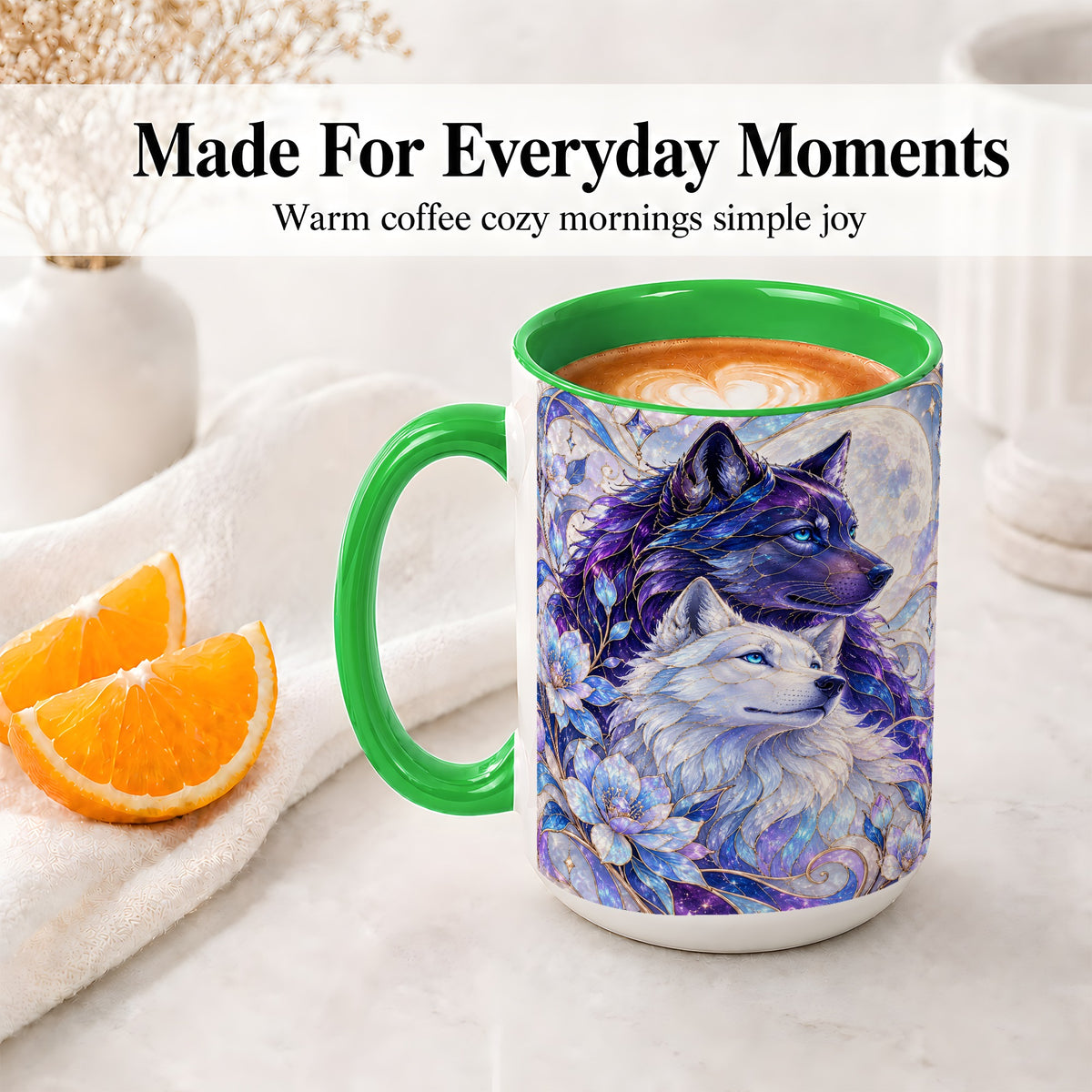 #pl[15oz|Green] Wolf Moon Ceramic Mug, Celestial Floral Artwork