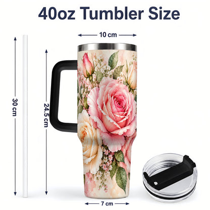 #pl[40oz|Black] Pink Rose Floral Tumbler, 40oz Tumbler with Soft Watercolor Artwork