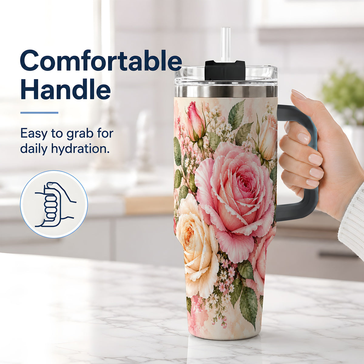 #pl[40oz|Black] Pink Rose Floral Tumbler, 40oz Tumbler with Soft Watercolor Artwork