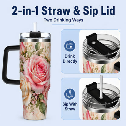 #pl[40oz|Black] Pink Rose Floral Tumbler, 40oz Tumbler with Soft Watercolor Artwork