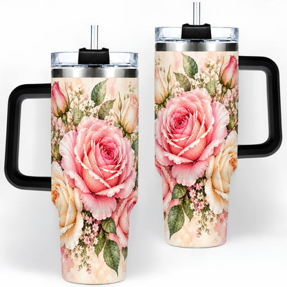 #pl[40oz|Black] Pink Rose Floral Tumbler, 40oz Tumbler with Soft Watercolor Artwork
