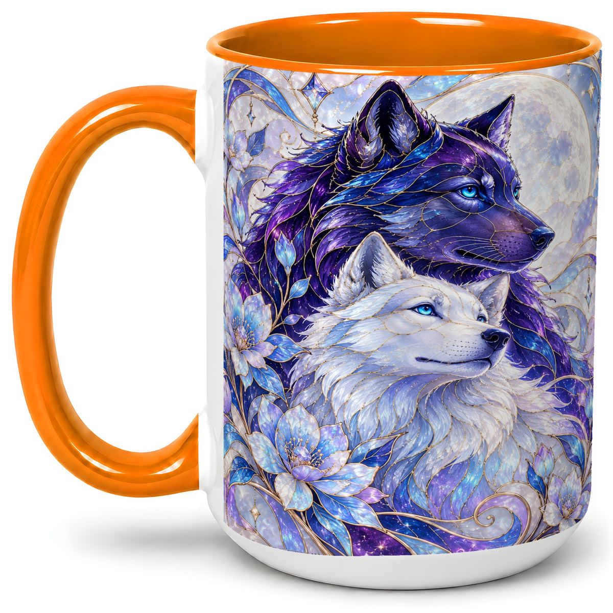 #pl[15oz|Orange] Wolf Moon Ceramic Mug, Celestial Floral Artwork