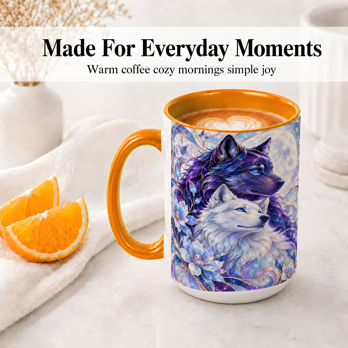 #pl[15oz|Orange] Wolf Moon Ceramic Mug, Celestial Floral Artwork
