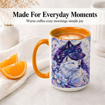 #pl[15oz|Orange] Wolf Moon Ceramic Mug, Celestial Floral Artwork