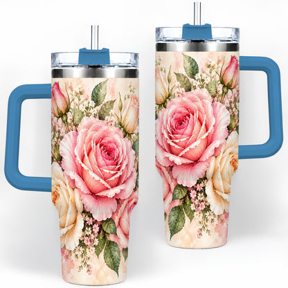 #pl[40oz|Blue] Pink Rose Floral Tumbler, 40oz Tumbler with Soft Watercolor Artwork