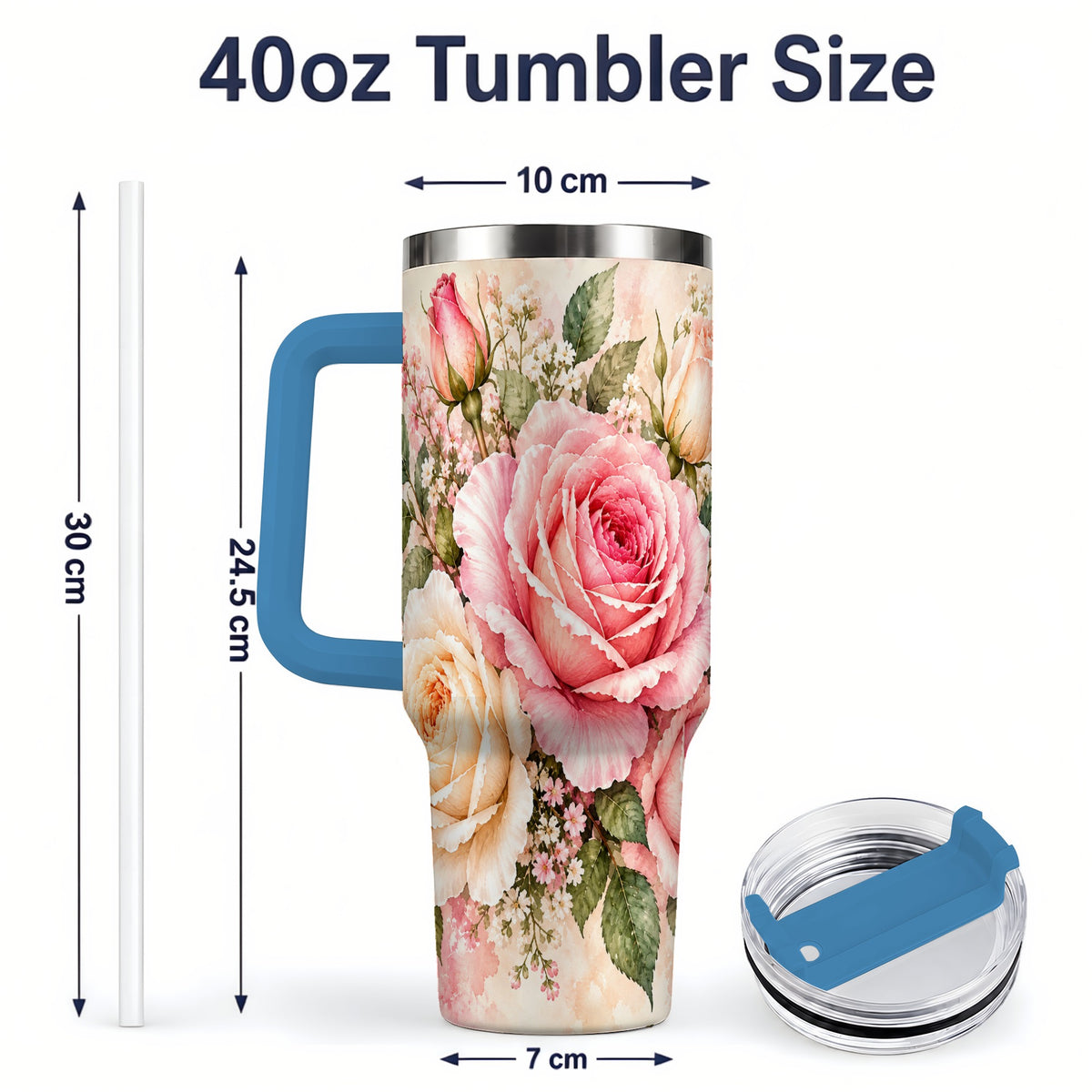 #pl[40oz|Blue] Pink Rose Floral Tumbler, 40oz Tumbler with Soft Watercolor Artwork