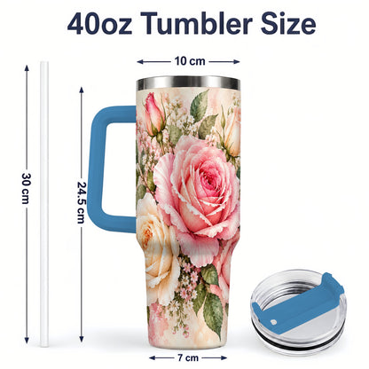 #pl[40oz|Blue] Pink Rose Floral Tumbler, 40oz Tumbler with Soft Watercolor Artwork