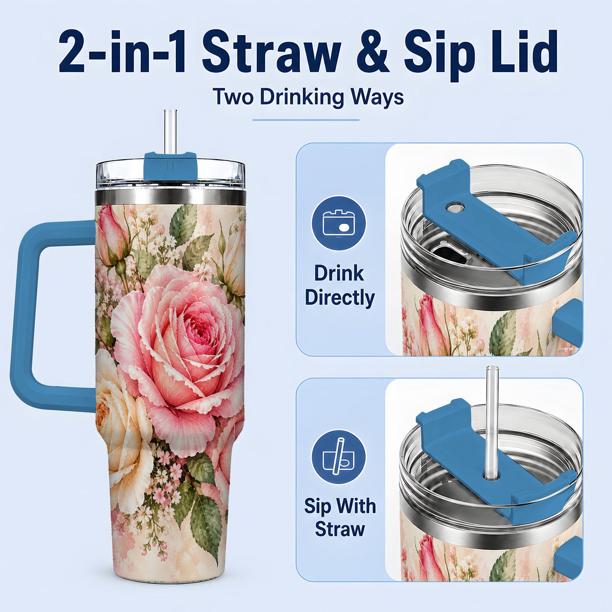 #pl[40oz|Blue] Pink Rose Floral Tumbler, 40oz Tumbler with Soft Watercolor Artwork