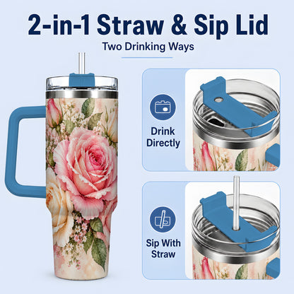 #pl[40oz|Blue] Pink Rose Floral Tumbler, 40oz Tumbler with Soft Watercolor Artwork